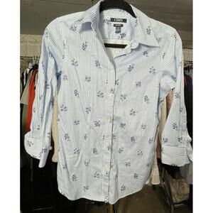 Women's Chaps Blue & White Striped Floral Button Down Shirt Size S